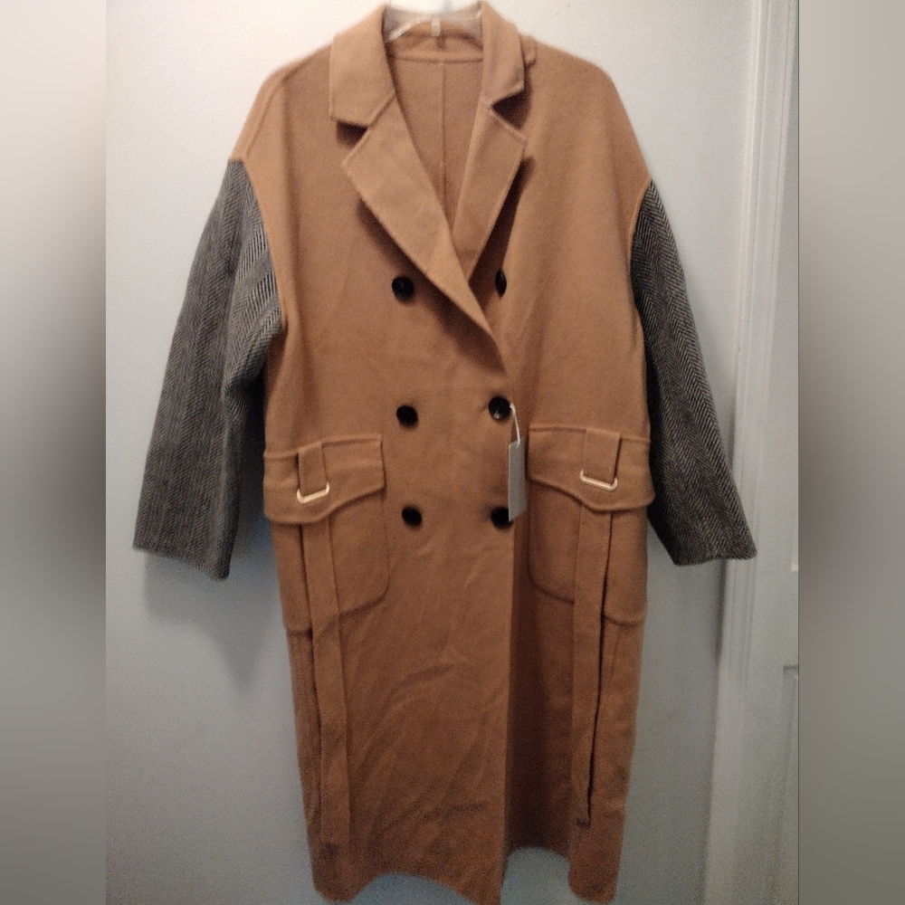 Tan Double-Breasted Coat with Gray Sleeves